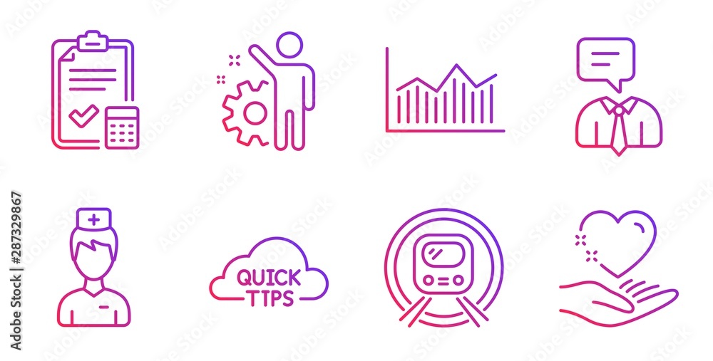 Employee, Doctor and Metro subway line icons set. Money diagram, Accounting checklist and Support service signs. Quick tips, Hold heart symbols. Cogwheel, Medicine person. Business set. Vector Employee, Doctor and Metro subway line icons set. Money diagram, Accounting checklist and Support service signs. Quick tips, Hold heart symbols. Cogwheel, Medicine person. Business set. Vector