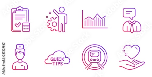 Employee, Doctor and Metro subway line icons set. Money diagram, Accounting checklist and Support service signs. Quick tips, Hold heart symbols. Cogwheel, Medicine person. Business set. Vector