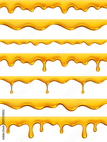 Honey dripping seamless. Yellow golden natural product honey splashes realistic syrup liquid oil vector patterns collection. Illustration droplet oil or honey, golden fluid drip