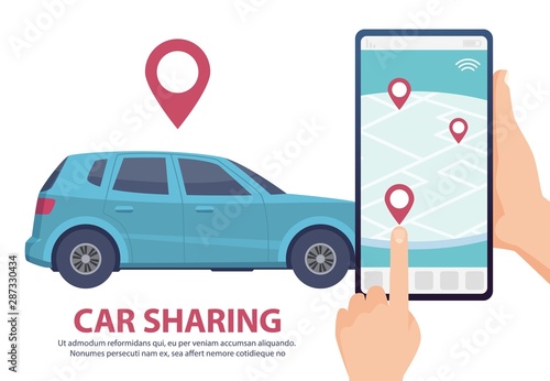 Car sharing. Rent car online mobile app web page concept. Vector find vehicle on map illustration. Blue automobile, smartphone, hands. Rent or share transport service, online app taxi navigation