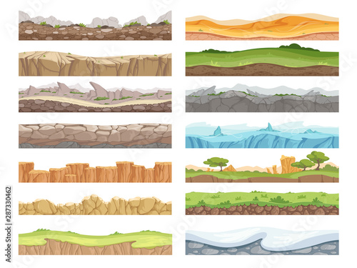 Game seamless ground. Cartoon rock dirt landscape stone ground asset 2d floor vector background. Game seamless soil and grass, snow surface illustration