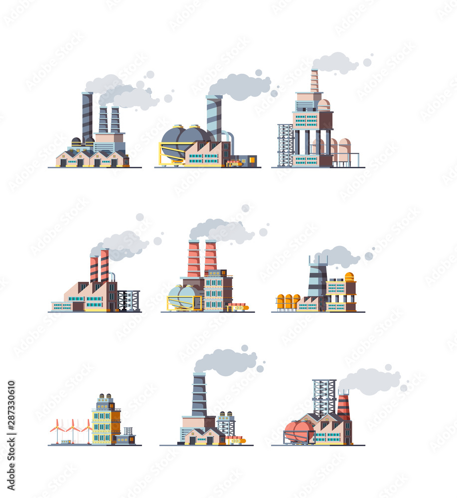 Factory buildings. Industrial urban power constructions with pipelines vector factory flat pictures. Illustration building factory manufacture, station manufacturing