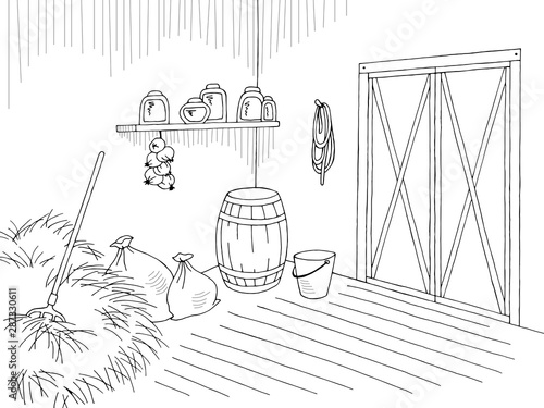 Barn warehouse graphic interior black white sketch illustration vector