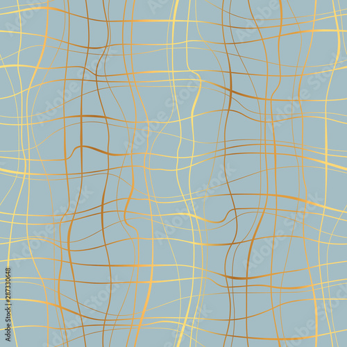 Abstract pattern with lines similar to gauze. Background with curved lines. Ornament in turquoise and gold colors.