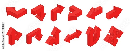 3D arrows. Isometric red multidirectional arrows vector set. Illustration arrow isometric direction, up straight, directional perspective