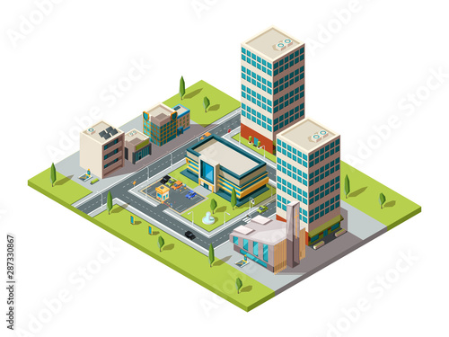 City mall. Urban isometric landscape with big modern building of retail hypermarket shopping center vector 3d map. Illustration isometric market and mall city, retail store