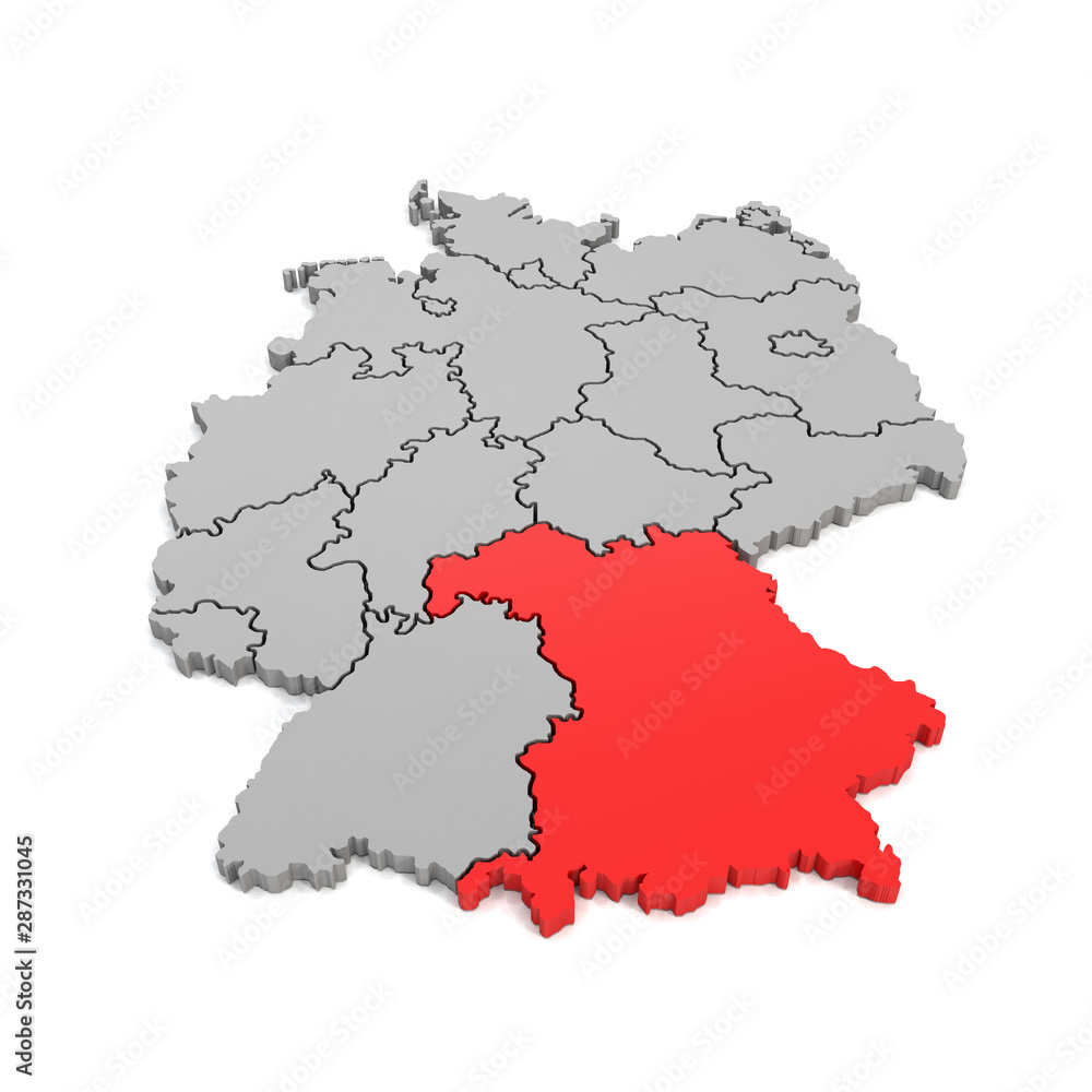3d Illustation - Deutschlandkarte in grau mit Fokus auf Bayern in rot - 16 Bundesländer