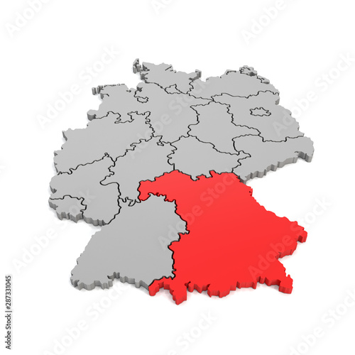 3d Illustation - Deutschlandkarte in grau mit Fokus auf Bayern in rot - 16 Bundesl  nder