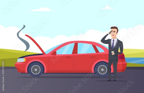 Car breakdown. Road assistance cartoon illustration. Vector businessman need car repair service. Breakdown automobile transport, repair service assistance