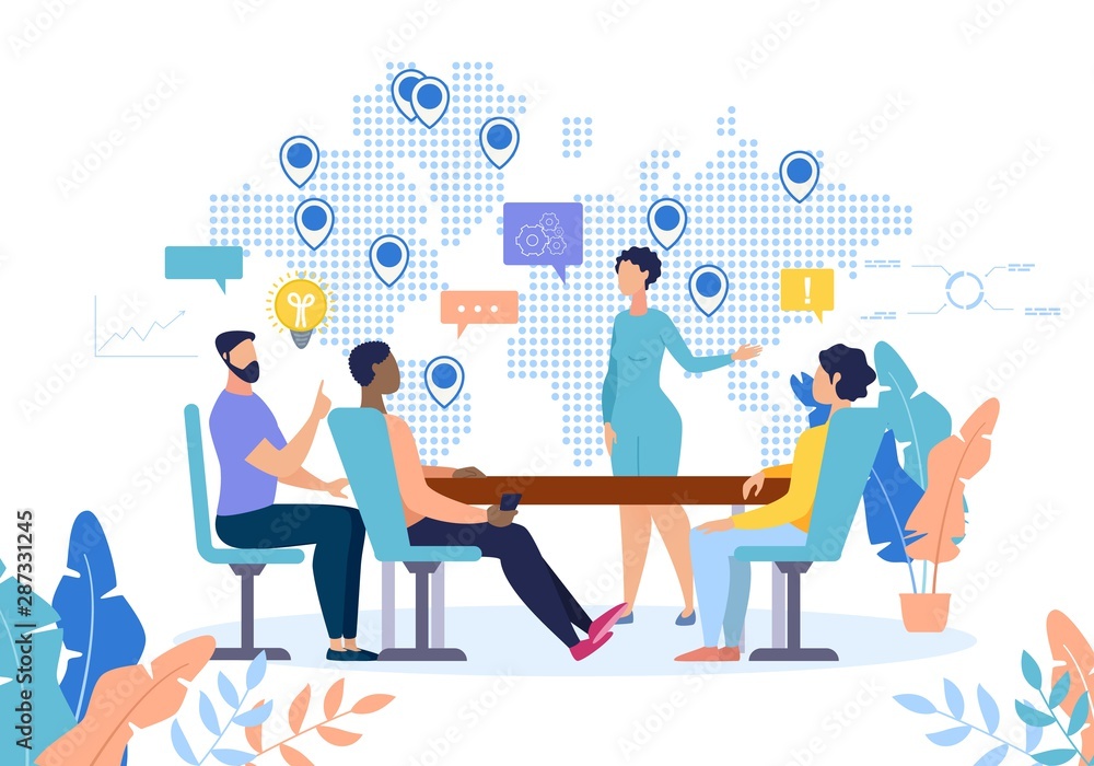 Flat Banner Development Relationships at Work. Lounge for Eating. Woman Holds Presentation Project, Showing Coverage Areas on Map. People Listen to Speaker Cartoon. Vector Illustration. Flat Banner Development Relationships at Work. Lounge for Eating. Woman Holds Presentation Project, Showing Coverage Areas on Map. People Listen to Speaker Cartoon. Vector Illustration.
