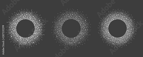 New Year, Christmas round snow frames. Set of winter dotty abstract backgrounds, border templates with empty space for text. Circle, ring shapes made of spots, dots, tiny beads, blots, snowflakes.