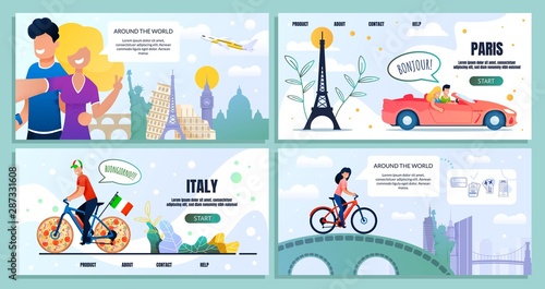 Travel Around World Website Bundle Landing Page. Set Vector Illustration Traveling People. Guy, Girl, Selfie, Famous Landmarks. Journey, Red Car, Eiffel Tower, Bike, Italy, Flag, Pizza Wheels, Bridge