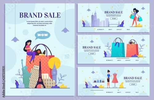 Set Landing Web Page World Brand Sale Bundle Store. Website, Mobile Application Online Shop, Girl, Saleswoman, Shopping Bag, Clothes, Dress, Cosmetic, Perfume. Famous World Landmarks