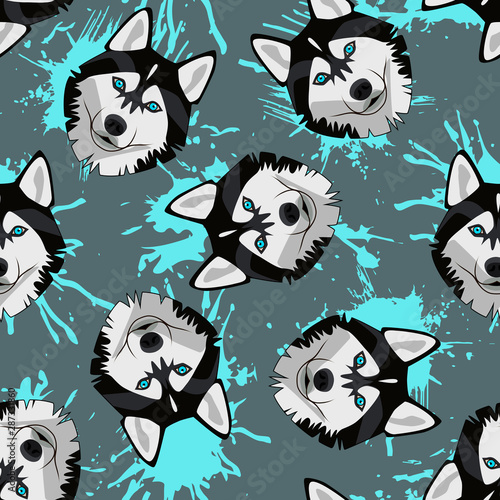 Decorative dog print with husky muzzles and turquoise paint splashes on gray backdrop.