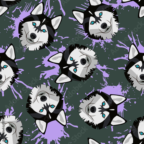 Decorative dog print with husky muzzles and violet paint splashes on dark gray backdrop.