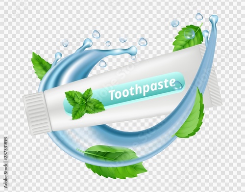Mint toothpaste. Water splash, mint leaves, toothpaste tube isolated on transparent background. Dental vectot illustration. Mint health toothpaste, 3d ad freshness and flavor photo