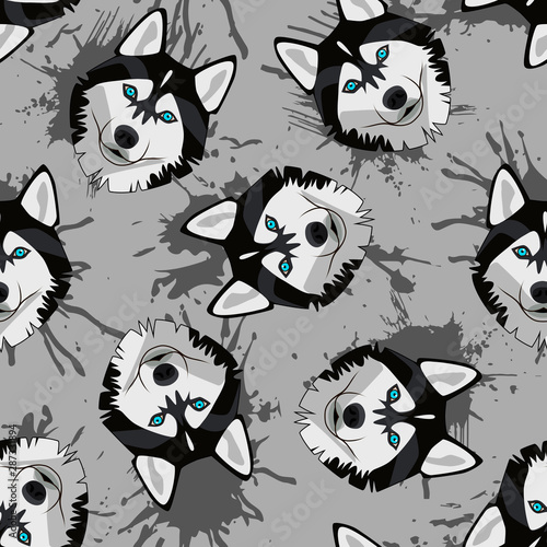 Decorative dog print with husky muzzles and dark gray paint splashes on gray backdrop.