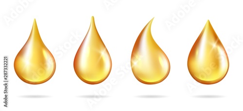 Shine yellow droplets. Realistic oil drops isolated on white background. Vector liquid drip juice honey petrol. Illustration realistic oil liquid, droplet transparent natural, golden essence collagen