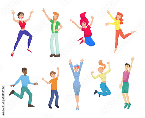 Happy jumping people dance cartoon vector illustration