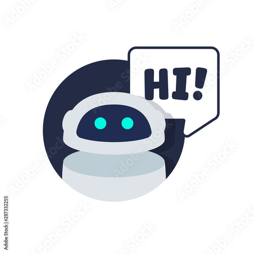 Chat robot say hi.Vector flat cartoon icon illustration and speak bubble