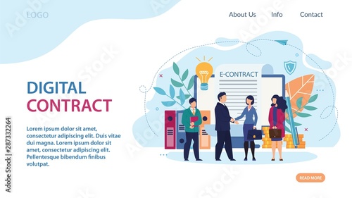 Advertising Banner Digital Contract Lettering. Normal Office Conditions. Man in Suit Shakes Hands with Woman with Briefcase. Man in Suit Shakes Hands with Woman with Briefcase Cartoon.