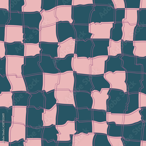Decorative abstract pattern with curved broken lines. Seamless pattern with jagged squares. Ornament with wavy lines and squares similar to a chessboard.
