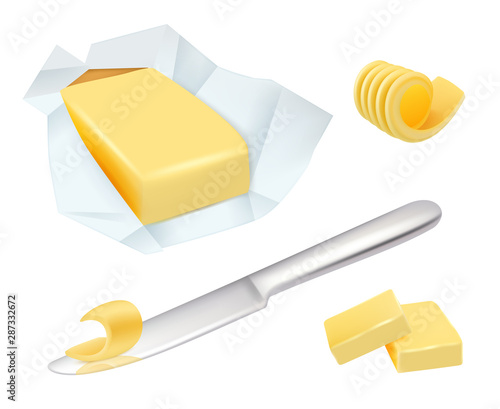 Butter. Margarine breakfast milk butter for cooking food vector realistic pictures collection. Butter or margarine, fresh dairy ingredient illustration