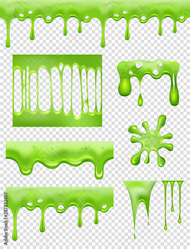 Slime. Green Glue dipping and flowing liquid drops and toxic splashes vector pictures. Slime toxic, messy green drip, splatter and dribble, sticky stain illustration