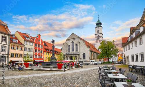 Bavaria Lindau Germany. Square old town with authentic traditional house tower from church and paving stones. Picturesque panorama landscape landmark.