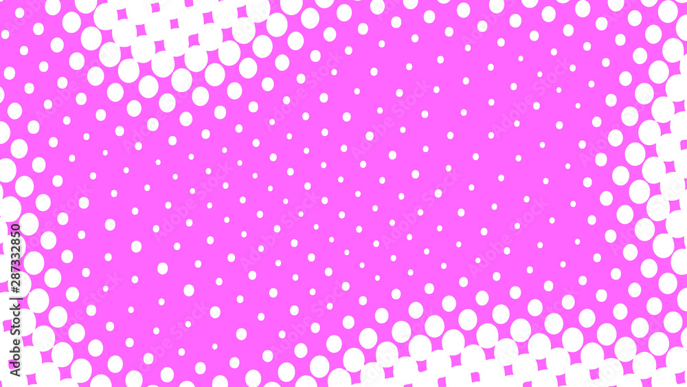 Magenta and white pop art background in retro comic style with halftone dots, vector illustration of backdrop with isolated dots
