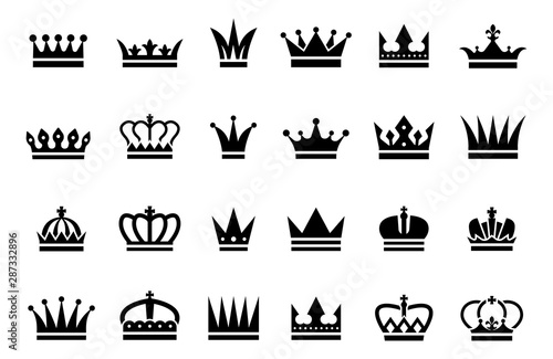 Black crown icons. Vector different crown silhouettes isolated on white background. Illustration silhouette crown and corona for prince or queen