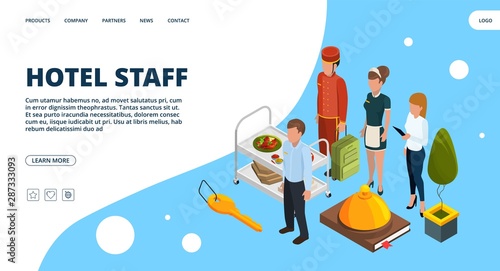 Hotel staff landing page. Vector isometric hospitality concept. Illustration hotel service, staff maid isometric