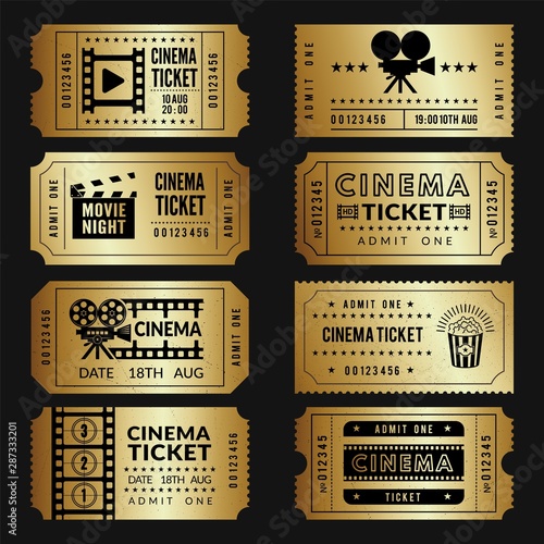 Golden tickets. Entry cinema tickets templates with illustrations of video cameras and other tools. Vector cinema show event, movie ticket