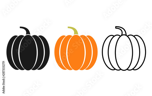 Pumpkin icon. Vector. Autumn Halloween or Thanksgiving pumpkin symbol in flat design, simple, outline. Squash silhouette isolated on white background. Illustration.