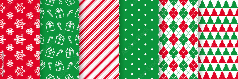 Christmas seamless pattern. Xmas New year wrapping paper. Vector. background with snowflake, gift, candy cane stripes, polka dot, tree, rhombus. Festive texture, textile print. Red green illustration - obrazy, fototapety, plakaty 