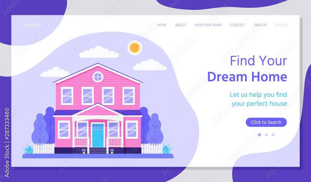 Real estate landing page. Vector. Buying, rent house concept. Find dream home, investment property web page template. House with fence, garden. Flat design. Horizontal banner. Colorful Illustration.