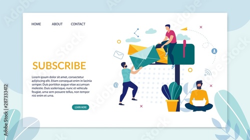 Advertising Flyer Inscription Subscription Flat. Banner Guy is Sitting on Huge Mailbox. Man Puts Letter in Correspondence Box, Next to him is Nerd With Laptop. Vector Illustration.