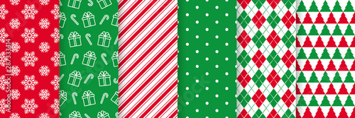 Christmas seamless pattern. Xmas New year wrapping paper. Vector. background with snowflake, gift, candy cane stripes, polka dot, tree, rhombus. Festive texture, textile print. Red green illustration
