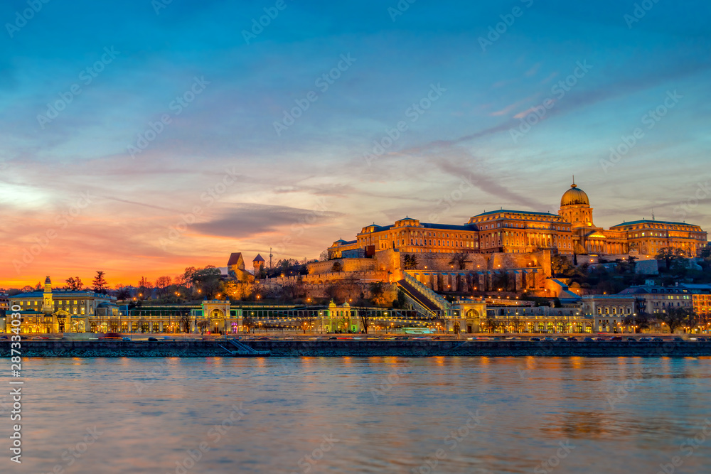 Buda castle and the Danube river in Budapest at sunset, Hungary