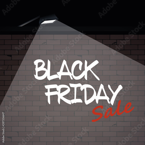 Black Friday sale vector poster with grafitti on brick wall under spotlight. Discounts, special offers and deals promotion and advertising.