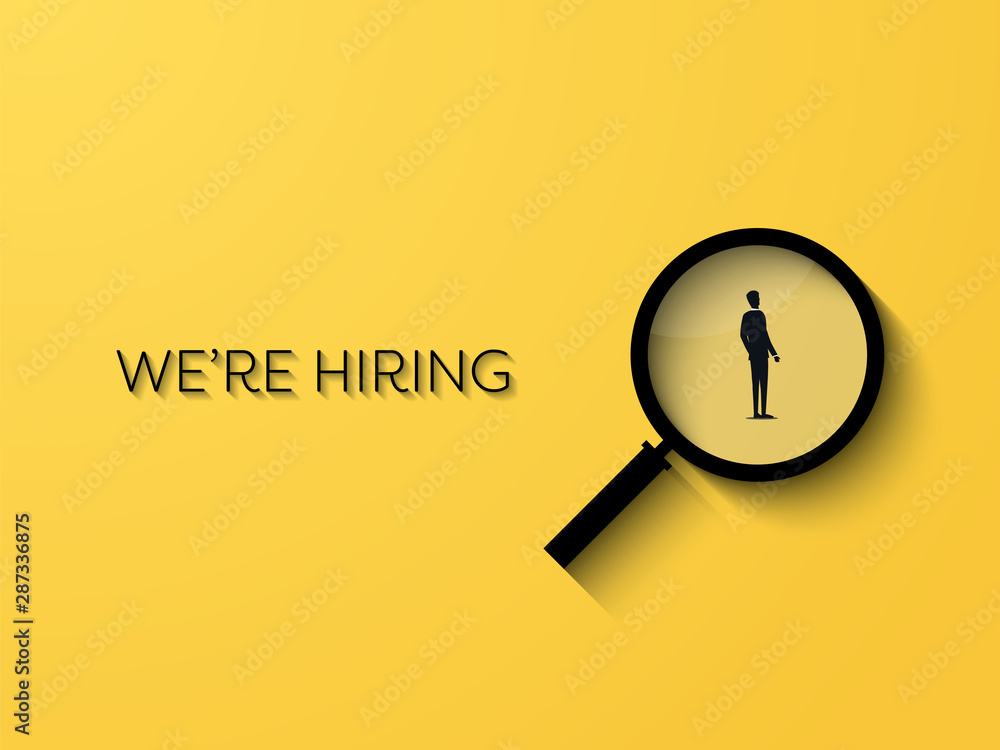 Hiring poster vector template with minimalist design and big magnifying