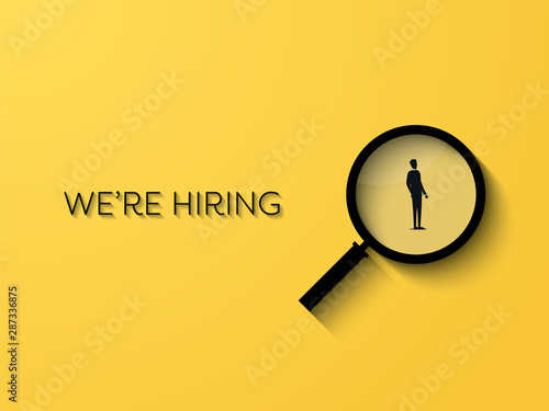 Hiring poster vector template with minimalist design and big magnifying glass with businessman. Jobs, career, vacancy and recruitment advertising and promotion.