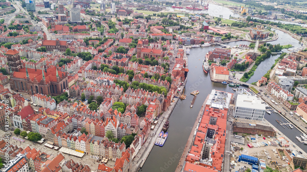 Aerial view of Gdansk Old town. Beautiful Architecture and Colorful houses of old town in Gdansk, Poland.