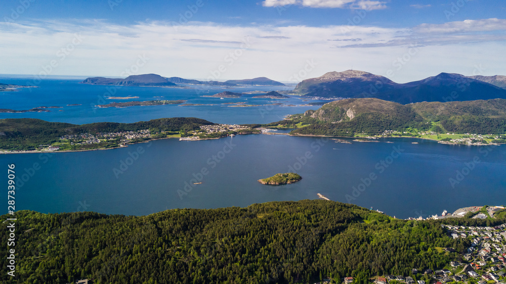 Norway landscape from above. Aerial panorama of Alesund city