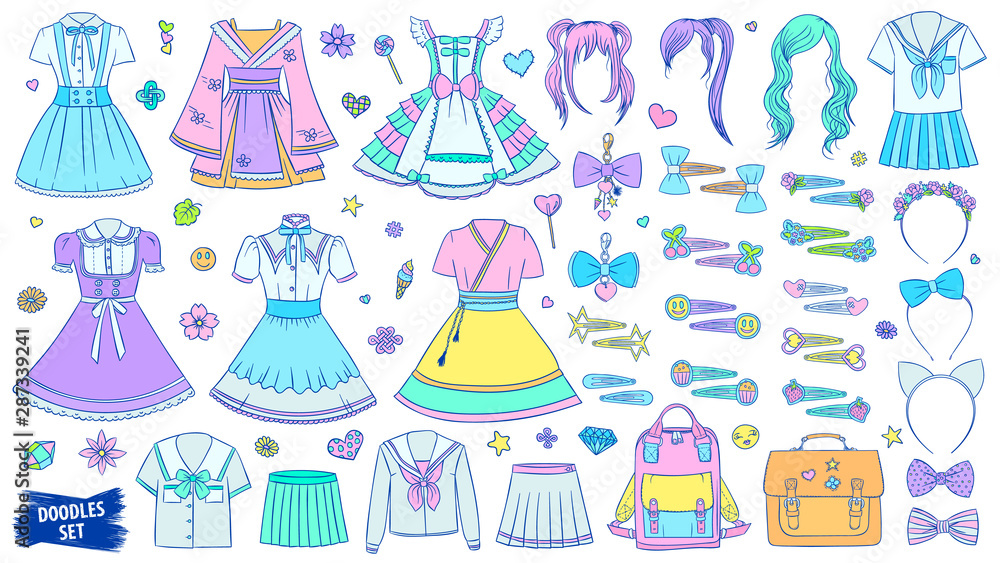 Harajuku fashion. Japanese teenagers style. Harajuku style doodles set