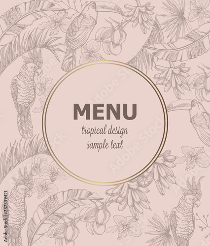 Tropic parrot card Vector line art . Exotic pattern leaves decors