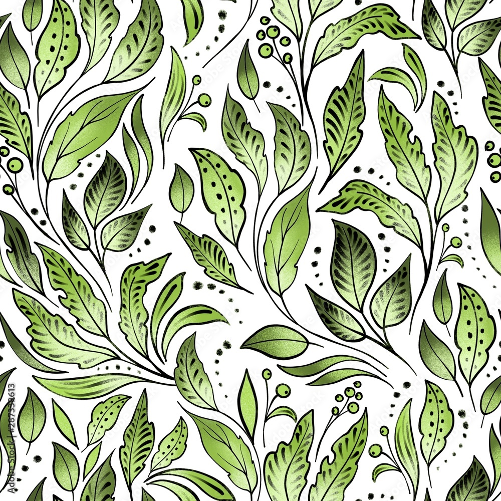 Decorative ornamental green seamless pattern. Endless backgound with leaves