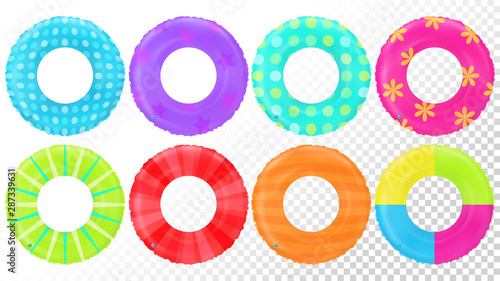 Swim rings set. Inflatable rubber toy. Lifebyou colorful vector collection. Realistic summertime illustration. Summer vacation or trip safety item. Top view swiming circle for ocean, sea, pool.
