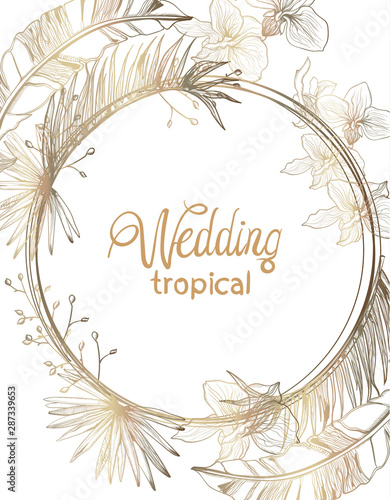 Wedding card golden tropic flowers vector line art. Summer floral frame decorations
