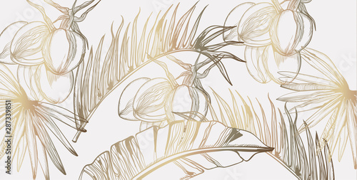 Palm leaves pattern golden tropic vector line art. Summer poster exotic decor...